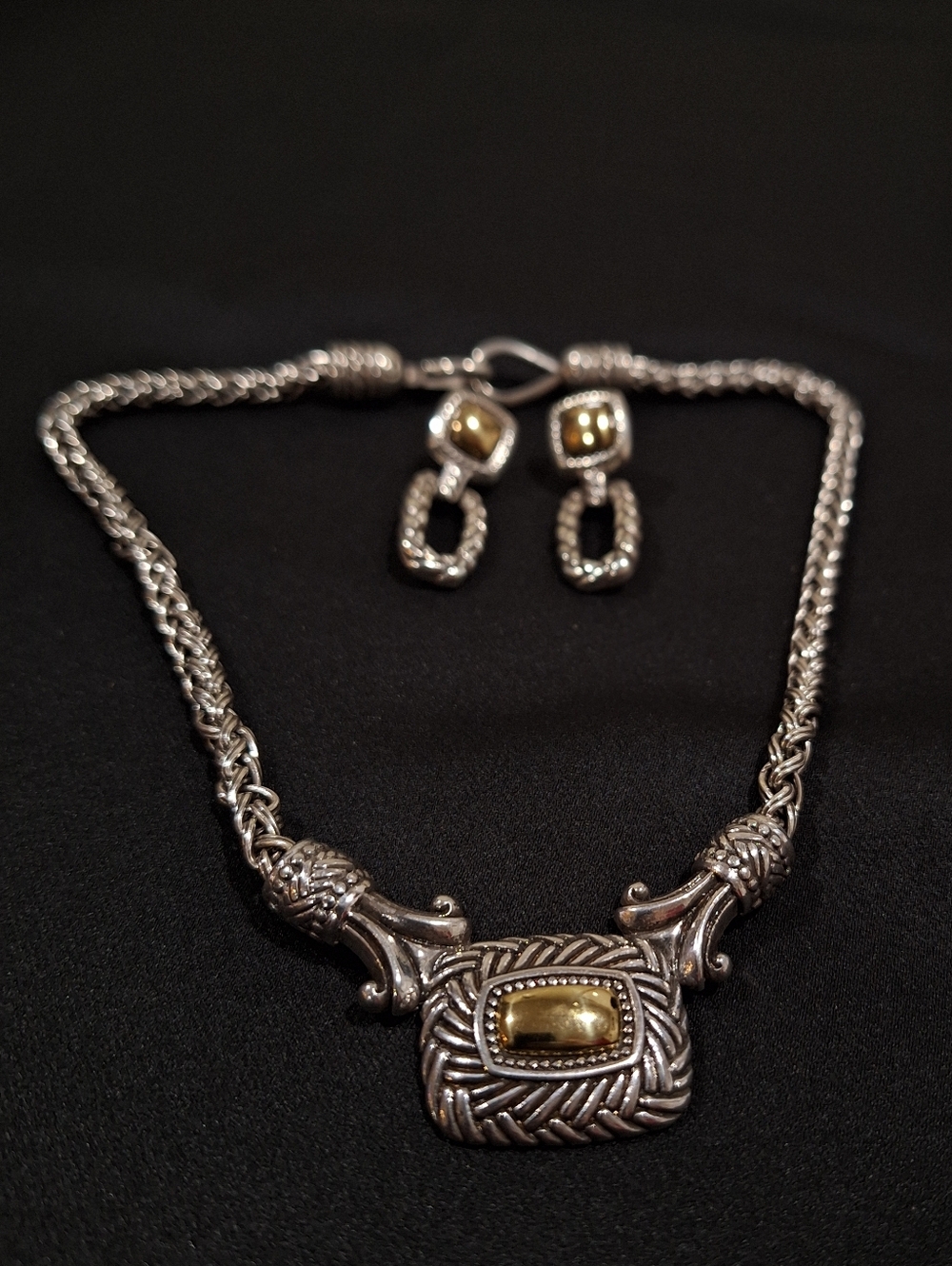 Brighton Bordeaux Necklace Earrings Set 14” Silver Gold Tone Collar Length - Picture 7 of 8